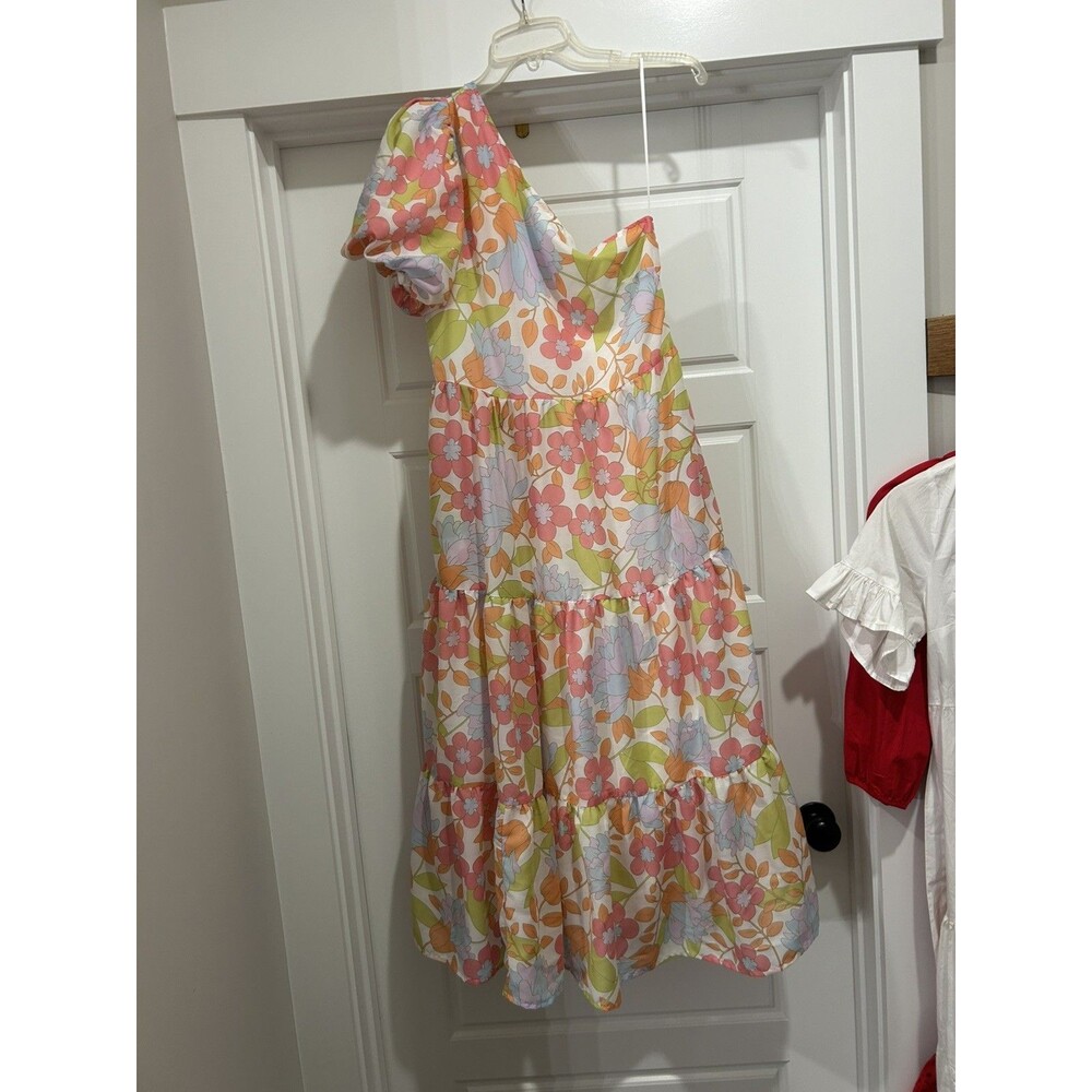 J. Marie one shoulder midi floral dress Sz Medium Wedding Brunch Garden Party